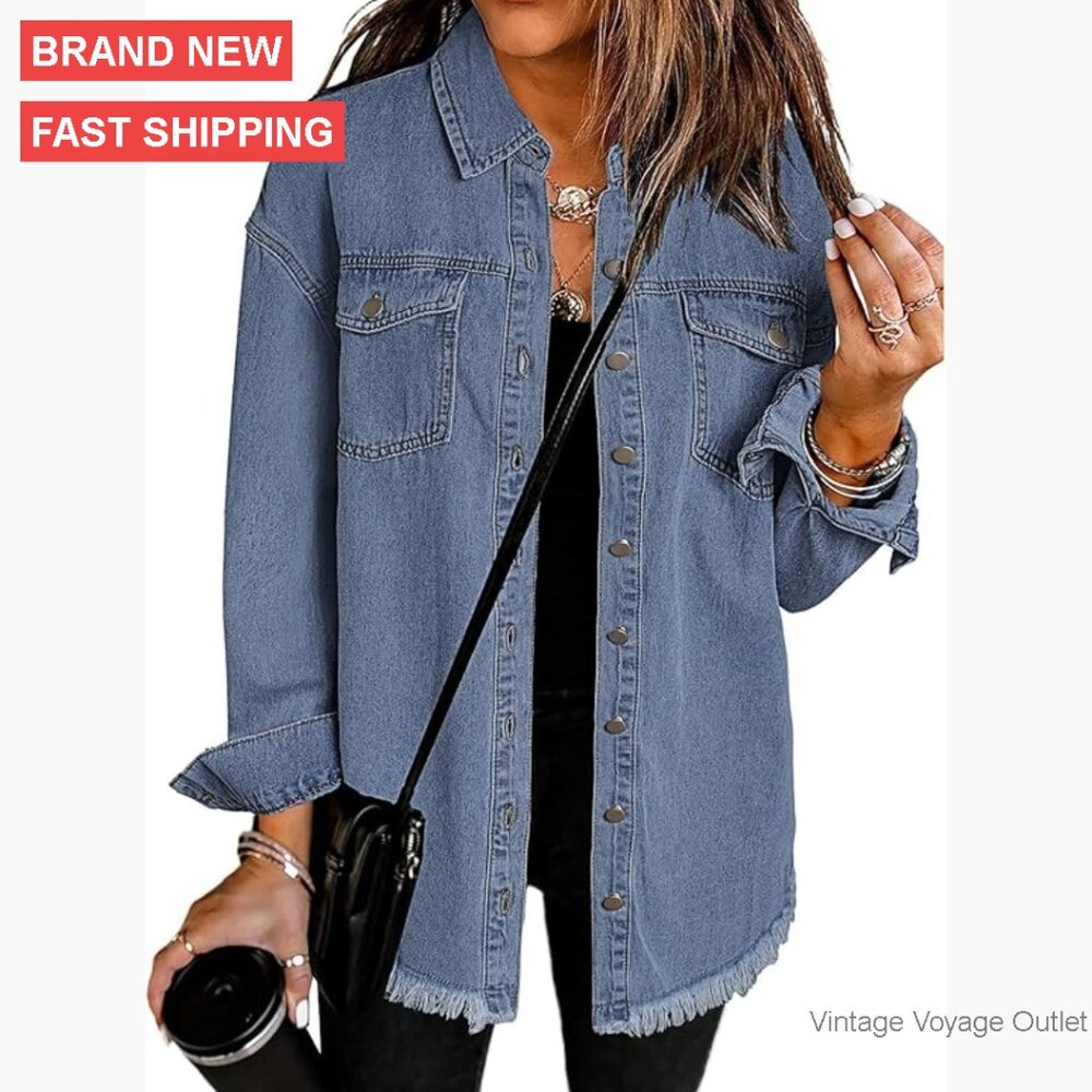 Oversized Denim Jacket With Button Front Frayed H… - image 1